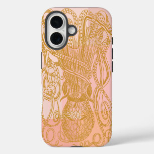 Cute Vintage Octopus Lijn Kunst Illustratie in Roz iPhone 16 Hoesje