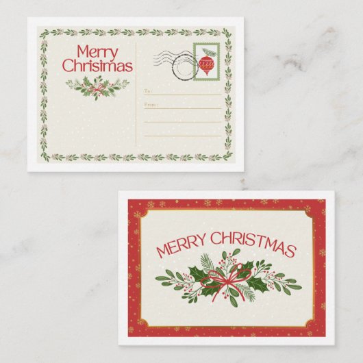 Cute Vintage Red & Green Merry Christmas Postcard Notitiekaartje (Voorkant / Achterkant)