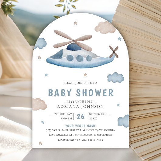 Cute Vintage Retro Blue Helicopter Baby Shower Kaart