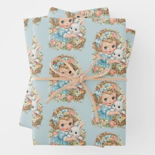 Cute Vintage Retro Pasen Konijn Meisje Cadeauverpa Inpakpapier Vel