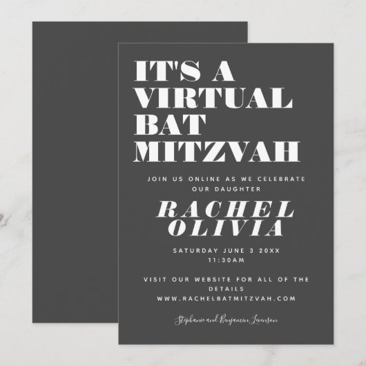 Cute Virtual Online Black en White Bat Mitzvah Kaart (Voorkant / Achterkant)