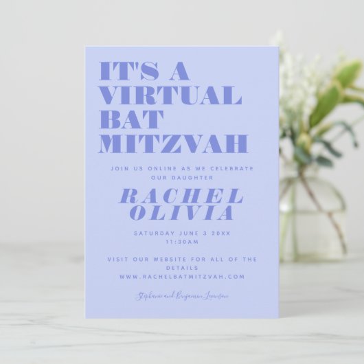 Cute Virtual Online Lavender Bat Mitzvah Kaart (Staand voorkant)