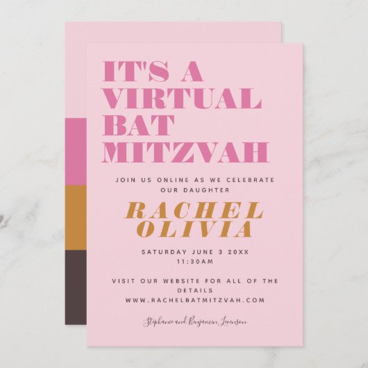Cute Virtual Online Pink Yellow Bat Mitzvah Kaart (Voorkant / Achterkant)