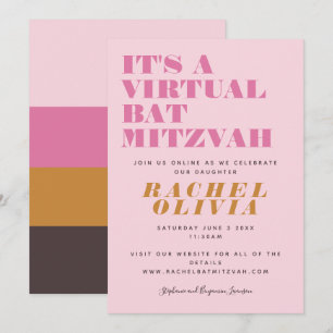 Cute Virtual Online Pink Yellow Bat Mitzvah Kaart