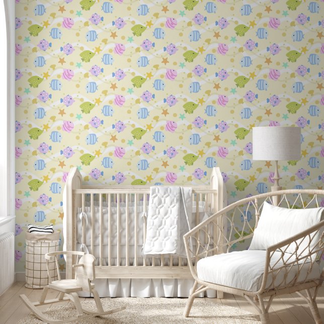 Cute Vissen Pastel Geel Behang (Kinderen)