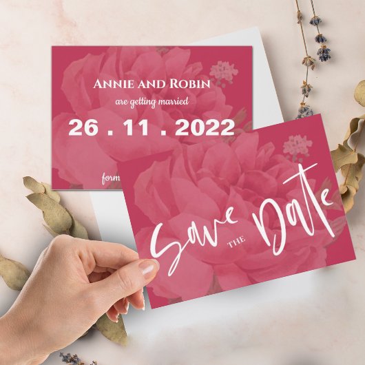 Cute Viva Magenta Roos Floral Minimalist Wedding Save The Date