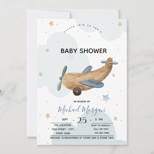 Cute Vliegtuig Speelgoed Wolken Baby Shower  Kaart (Voorkant)