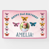 Cute Vlinder Bloemen Meisje Verjaardagsfeest Foto Spandoek (Horizontaal)