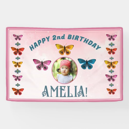 Cute Vlinder Bloemen Meisje Verjaardagsfeest Foto Spandoek (Horizontaal)