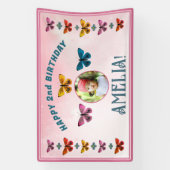 Cute Vlinder Bloemen Meisje Verjaardagsfeest Foto Spandoek (Verticaal)