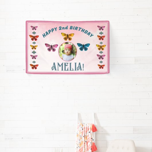 Cute Vlinder Bloemen Meisje Verjaardagsfeest Foto Spandoek (Insitu)