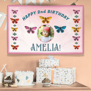 Cute Vlinder Bloemen Meisje Verjaardagsfeest Foto Spandoek