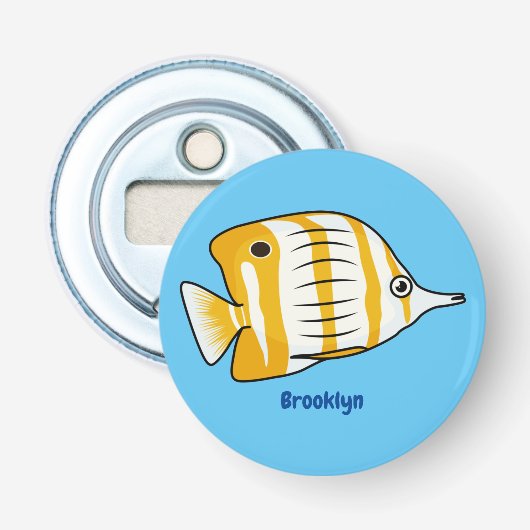 Cute vlinvis cartoon illustratie button flesopener (Voorkant)