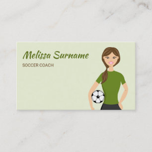 Cute Voetbal coach Girl Illustration Green Visitekaartje
