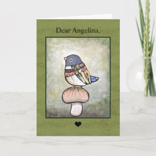 Cute Vogel Op Paddenstoel Aangepaste Naam Tekst Ve Kaart