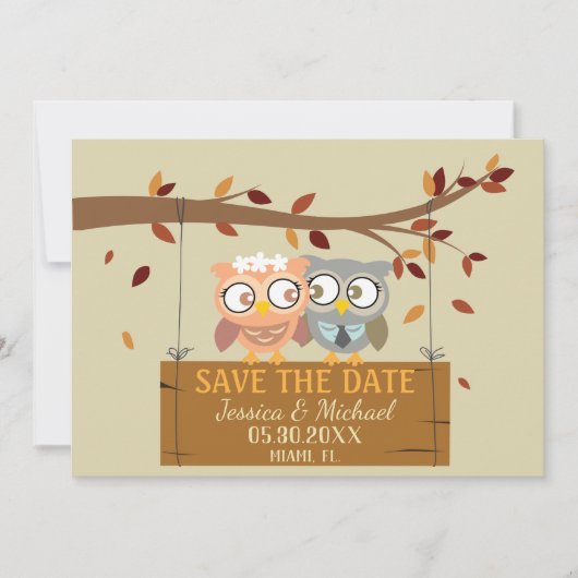 Cute voor- en achterkant uil trouw save the date kaart (Voorkant)