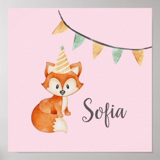 Cute Vos Bos Feesthoed Verjaardag Roze Poster (Voorkant)