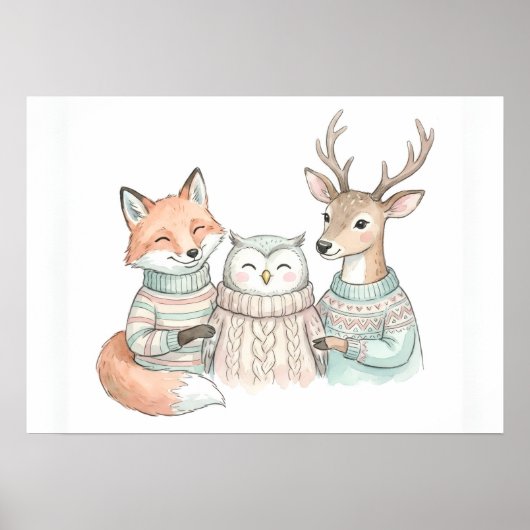Cute Vos Herten Winter Vrienden Poster (Voorkant)