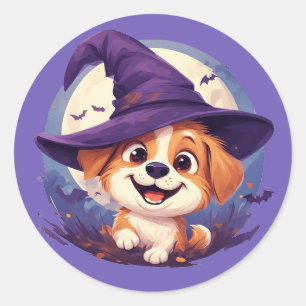 Cute vrolijke puppy heksenhoed Halloween hond deco Ronde Sticker