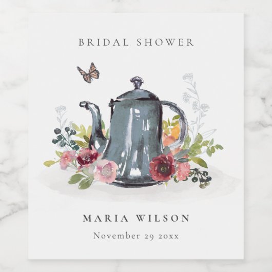 Cute vrolijke rozen bloem theepot bruids douche wijn etiket (Enkel label)