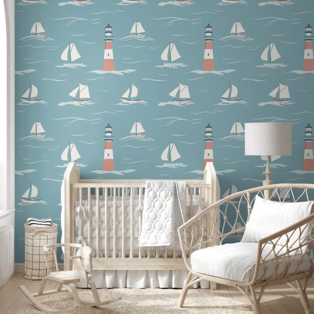 Cute Vuurtoren/Zeilboten/Blauw Behang (Kinderen)