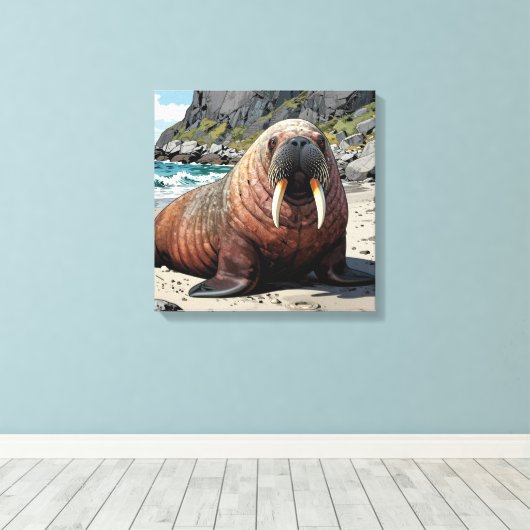 Cute Walrus on a Sandy Beach  Canvas Afdruk (Insitu (Houten vloer))