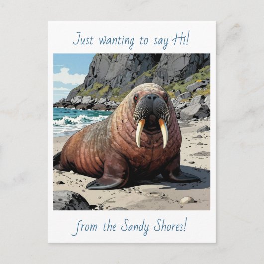 Cute Walrus on a Sandy Beach | Saying Hello Briefkaart (Voorkant)