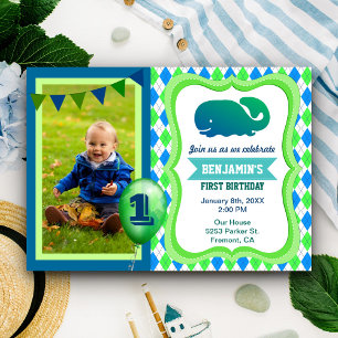 Cute walvis eerste verjaardagsfeestje foto uitnodi kaart