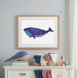 Cute walvis kunst tekening in oceaanblauw poster