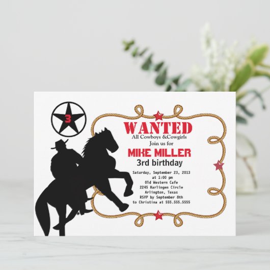 Cute Wanted Western Cowboy Invitation Kaart (Staand voorkant)