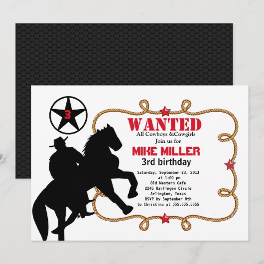 Cute Wanted Western Cowboy Invitation Kaart (Voorkant / Achterkant)