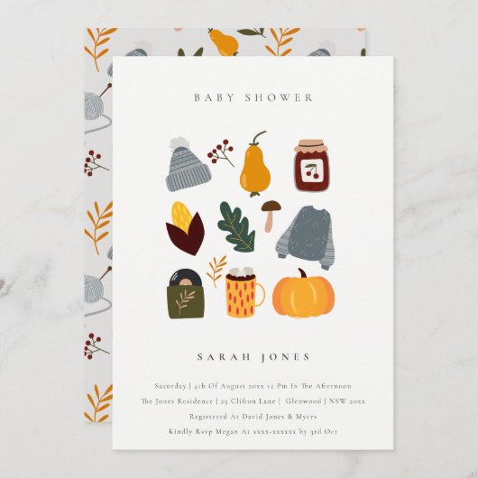Cute Warm Cozy Autumn Essential Baby shower Invite Bedankkaart (Voorkant / Achterkant)