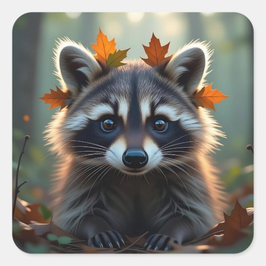 Cute Wasbeer in Herfstbladeren Vierkante Sticker (Voorkant)