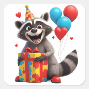 🦝 Cute Wasbeer Verjaardagsfeest Met Cadeau Vierkante Sticker