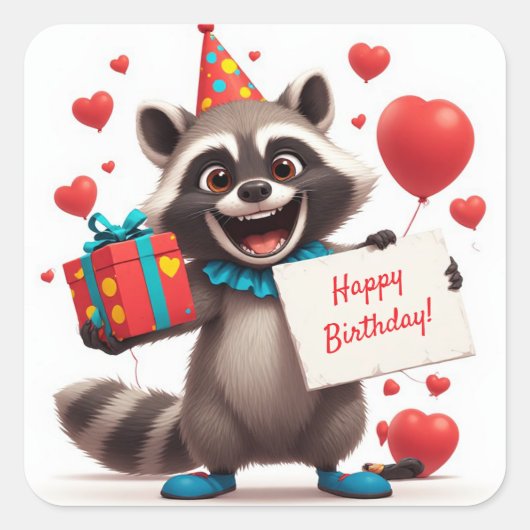 Cute Wasbeerfeest met Cadeau Doos 🦝 Vierkante Sticker (Voorkant)