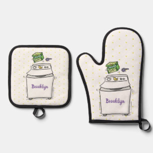 Cute wasmachine cartoon illustratie ovenwant & pannenlap set