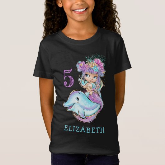 Cute Waterco Mermaid met Dolphin Birthday T-Shirt (Voorkant)