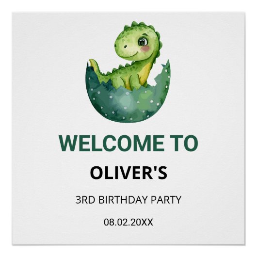 Cute Watercol Dinosaur Kids Birthday Party Welcome Perfect Poster (Voorkant)