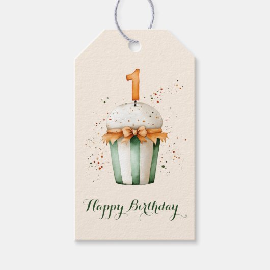 Cute Watercolor 1e Verjaardag Cupcake Cadeaulabel (Voorkant)