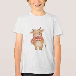 Cute Watercolor Baby Cow with Red Scarf Tri-Blend Shirt