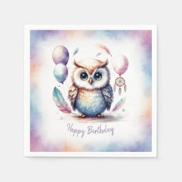 Cute Watercolor Baby Owl Balloons Birthday Paper Servet