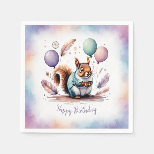 Cute Watercolor Baby Squirrel Balloons Birthday  Servet (Voorkant)