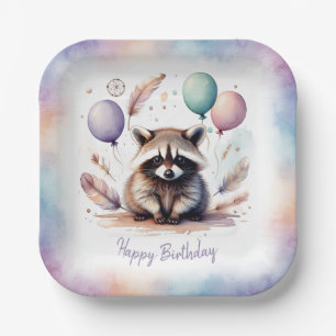 Cute Watercolor Baby Wasbeer Ballonnen Verjaardag Papieren Bordje