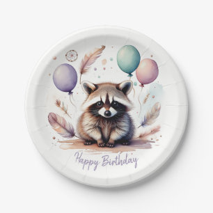 Cute Watercolor Baby Wasbeer Ballonnen Verjaardag Papieren Bordje