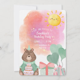 Cute Watercolor Bear Birthday Invitation  Kaart