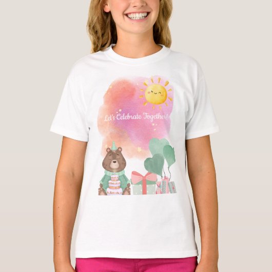 Cute Watercolor Bear Birthday T-Shirt (Voorkant)