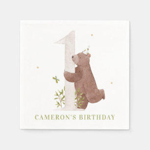 Cute Watercolor Beer Bos Eerste Verjaardagsfeestje Servet