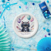 Cute Watercolor Black Kitten Balloons Birthday  Papieren Bordje (Feest)