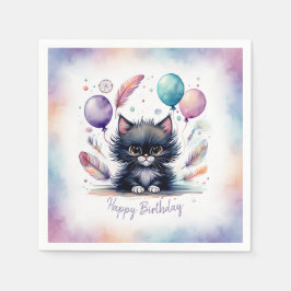 Cute Watercolor Black Kitten Balloons Birthday  Servet