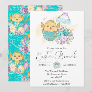 Cute Watercolor Bloemenkip in Ei Paasbrunch Kaart